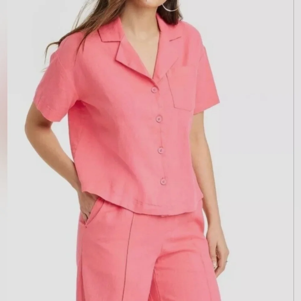 A New Day Linen Short Sleeve Button-Down Boxy Camp Shirt Women's Large Pink - Picture 2 of 11